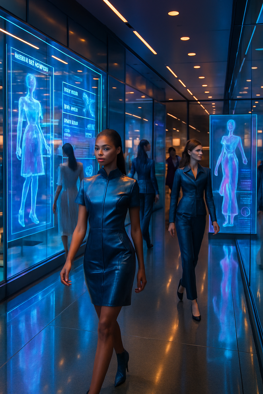 Imagine a futuristic fashion store sleek and minimalist with smooth glass walls reflecting vibrant colors The interior is bustling with holographic di-1