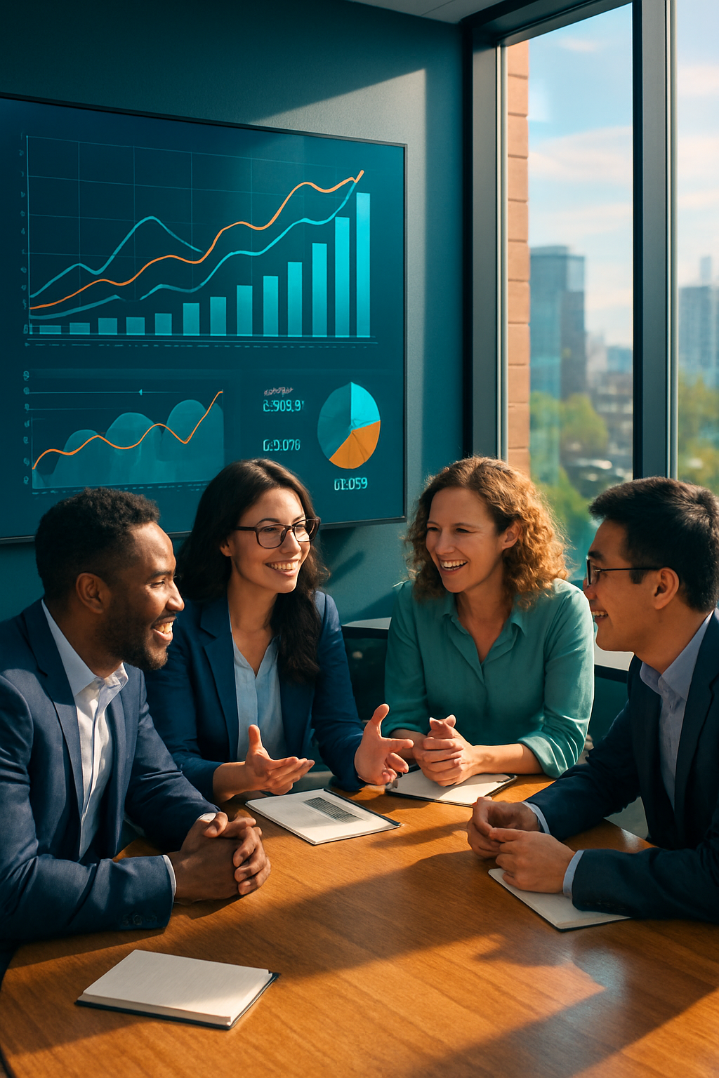 In a sleek modern conference room a diverse group of professionals huddles around a polished wooden table their faces illuminated by the soft glow of-1